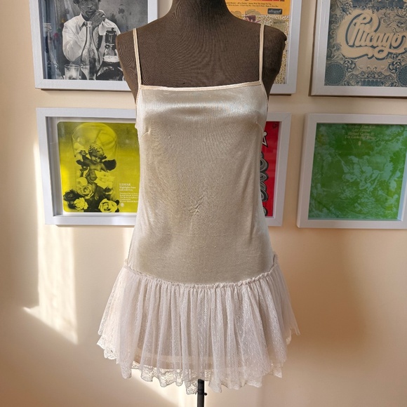 Dresses & Skirts - Vintage Champaign Satin Mini Slip Dress – Y2K Lace Ruffle Coquette
